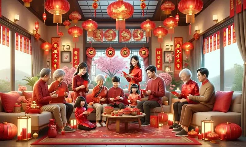 Ilustrasi sebuah keluarga yang merayakan Imlek dengan membagi-bagi angpao (Foto: Parboaboa/Lidya)