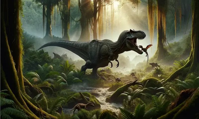 Ilustrasi dinosaurus T-Rex yang akan memangsa hewan lainnya (Foto: Parboaboa/Ratni)